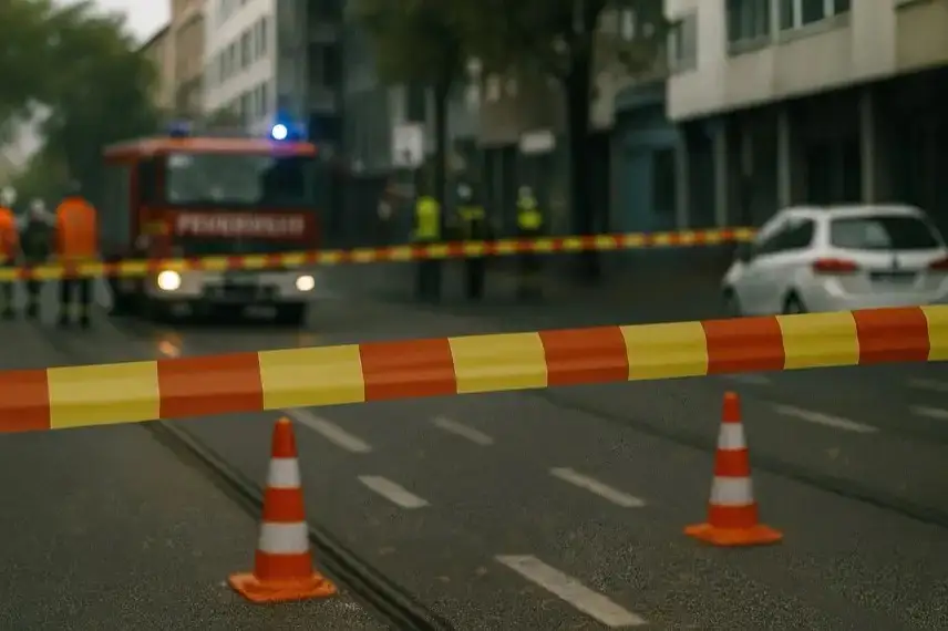 Abgesperrte innerstädtische Straße mit Absperrband, Verkehrskegeln und einem Feuerwehrfahrzeug im Hintergrund.