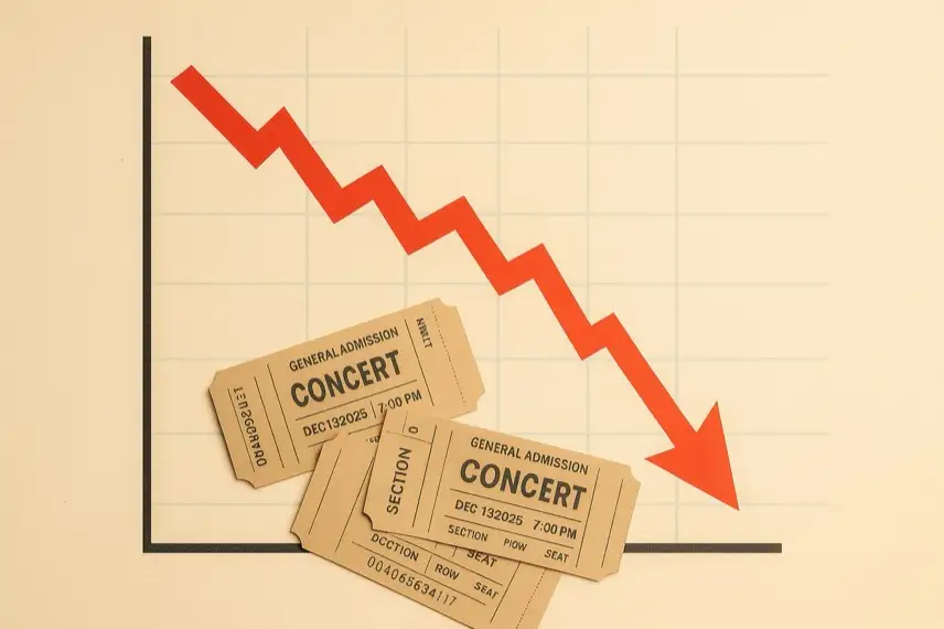 Abwärts gerichteter roter Pfeil auf hellem Hintergrund, darunter verstreute Konzerttickets in einer grafischen, spielerischen Anordnung.