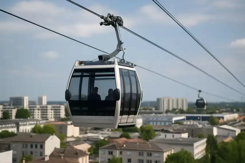 Urbane Seilbahnkabinen über einer europäischen Stadt mit Wohnhäusern und Verkehrswegen.