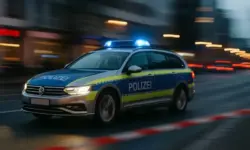 Ein Polizeiwagen mit Blaulicht fährt schnell durch eine städtische Straße, Gebäude und Lichter sind durch Bewegungsunschärfe verwischt.