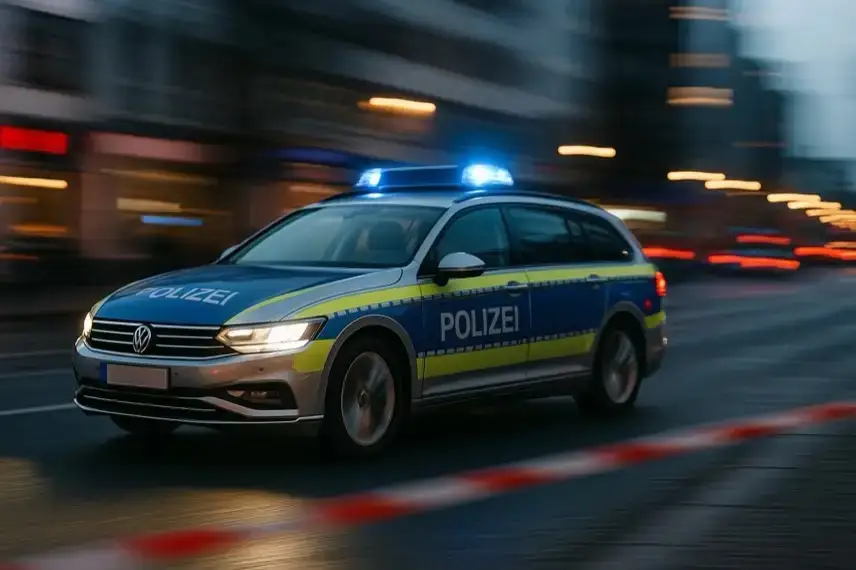 Ein Polizeiwagen mit Blaulicht fährt schnell durch eine städtische Straße, Gebäude und Lichter sind durch Bewegungsunschärfe verwischt.