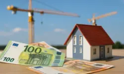 Tisch mit Bauplänen, Taschenrechner, Schlüsselbund und Vertragsunterlagen in einer hellen, modernen Umgebung mit unscharfem Gebäude im Hintergrund.