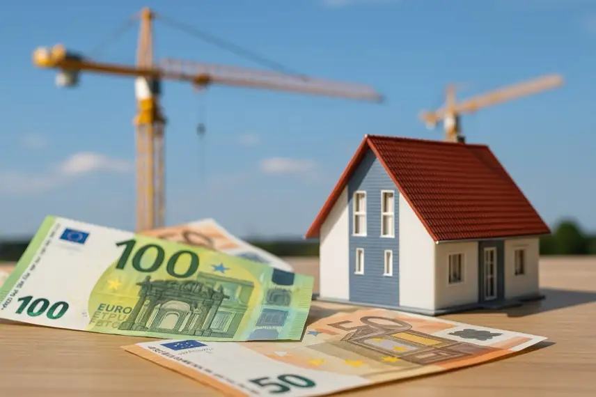 Tisch mit Bauplänen, Taschenrechner, Schlüsselbund und Vertragsunterlagen in einer hellen, modernen Umgebung mit unscharfem Gebäude im Hintergrund.