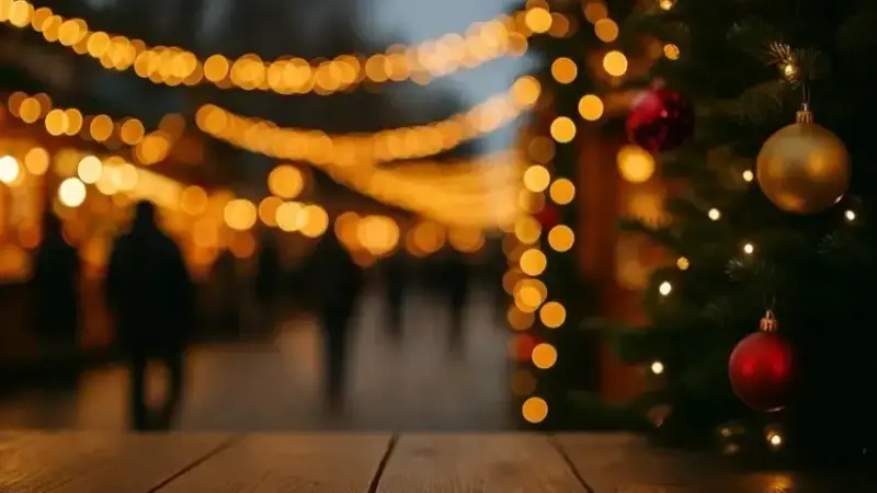 Leerer Weihnachtsmarkt bei Nacht mit beleuchteten Marktständen und Absperrungen, aufgenommen in fotorealistischem Stil.