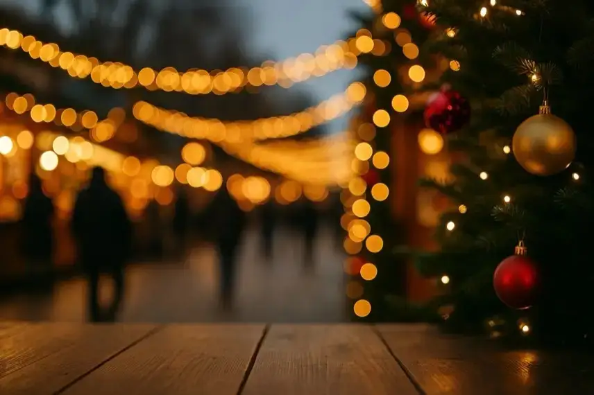 Leerer Weihnachtsmarkt bei Nacht mit beleuchteten Marktständen und Absperrungen, aufgenommen in fotorealistischem Stil.