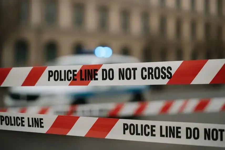 Rotes und weißes Polizeiband im Vordergrund, dahinter unscharf ein Polizeifahrzeug mit Blaulicht vor einem großen Gebäude.