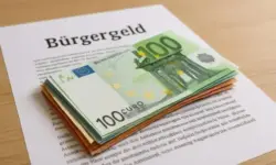 Stapel von Euro-Banknoten liegt auf einem Papierdokument auf einem Holztisch, aufgenommen bei natürlichem Licht.