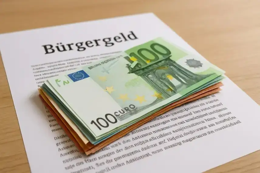 Stapel von Euro-Banknoten liegt auf einem Papierdokument auf einem Holztisch, aufgenommen bei natürlichem Licht.