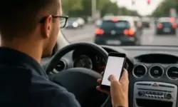 Fahrer sitzt in einem Auto und hält während der Fahrt ein Smartphone in der Hand, Blick nach vorn auf den fließenden Verkehr.