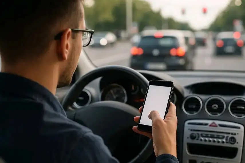 Fahrer sitzt in einem Auto und hält während der Fahrt ein Smartphone in der Hand, Blick nach vorn auf den fließenden Verkehr.