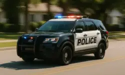 Schwarz-weißes US-Polizeiauto mit eingeschaltetem Blaulicht fährt auf einer Straße durch ein Wohngebiet.