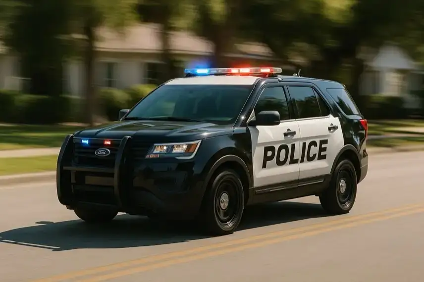 Schwarz-weißes US-Polizeiauto mit eingeschaltetem Blaulicht fährt auf einer Straße durch ein Wohngebiet.