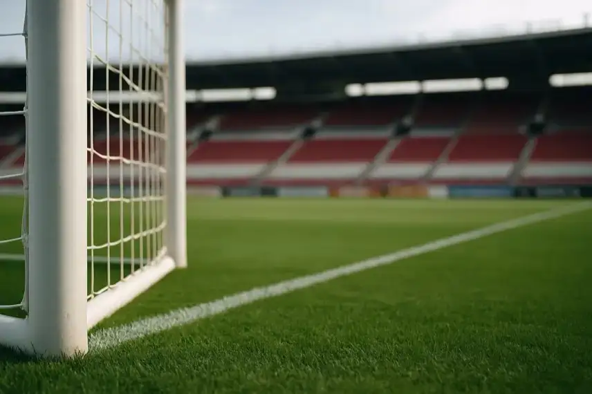 Leeres Fußballstadion mit grünem Rasen, weißem Torpfosten und Tornetz im Vordergrund.