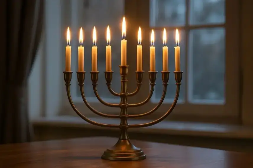 Ein neunarmiger Chanukka-Leuchter mit brennenden Kerzen steht auf einer Fensterbank, dahinter unscharfe Lichter einer nächtlichen Stadt.