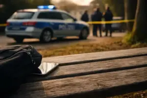 Parkbank mit schwarzer Tasche und Smartphone im Vordergrund, im Hintergrund ein Polizeifahrzeug mit eingeschaltetem Blaulicht und Absperrband.