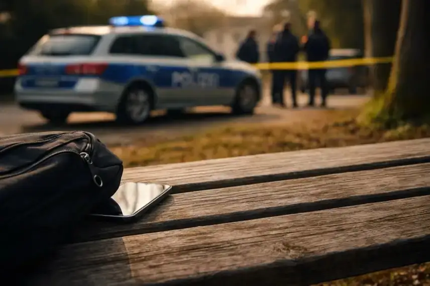 Parkbank mit schwarzer Tasche und Smartphone im Vordergrund, im Hintergrund ein Polizeifahrzeug mit eingeschaltetem Blaulicht und Absperrband.