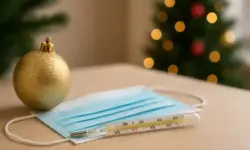 Leeres Wartezimmer einer Arztpraxis mit Tisch, Taschentüchern, Fieberthermometer und Mund-Nasen-Schutz bei winterlichem Tageslicht.