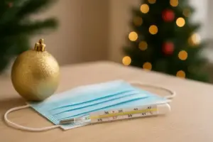 Leeres Wartezimmer einer Arztpraxis mit Tisch, Taschentüchern, Fieberthermometer und Mund-Nasen-Schutz bei winterlichem Tageslicht.