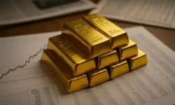 Mehrere Goldbarren und Goldmünzen liegen auf einer dunklen Oberfläche, beleuchtet mit natürlichem Licht und geringer Tiefenschärfe.