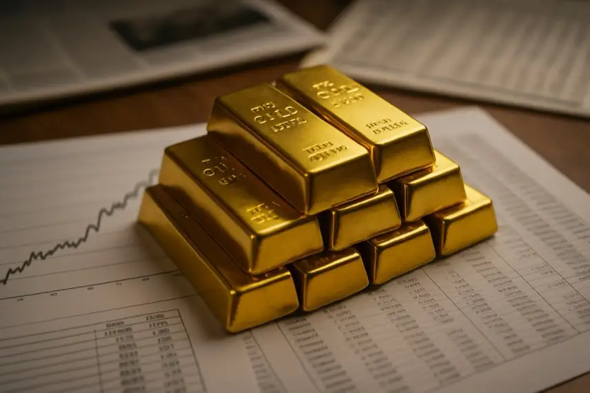 Mehrere Goldbarren und Goldmünzen liegen auf einer dunklen Oberfläche, beleuchtet mit natürlichem Licht und geringer Tiefenschärfe.