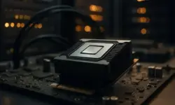 Moderne Server-Racks und abstrahierte Chip-Strukturen in einem hell ausgeleuchteten Rechenzentrum.