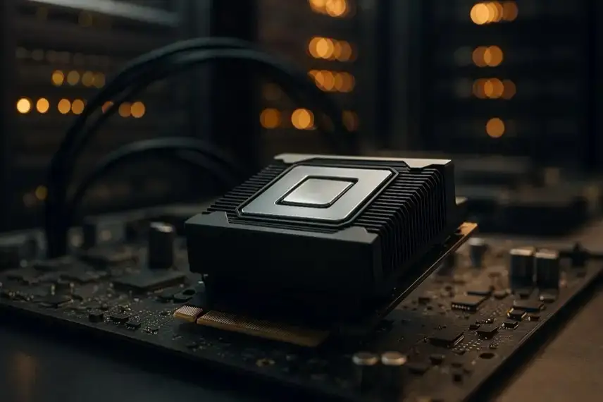 Moderne Server-Racks und abstrahierte Chip-Strukturen in einem hell ausgeleuchteten Rechenzentrum.