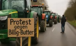 Mehrere Traktoren stehen hintereinander auf einer Straße, im Vordergrund ein handgehaltenes Pappschild an einem Traktor.