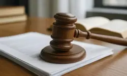 Leerer moderner Gerichtssaal mit Richtertisch und Aktenordnern, natürliches Licht, sachliche Atmosphäre.