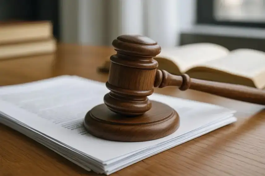 Leerer moderner Gerichtssaal mit Richtertisch und Aktenordnern, natürliches Licht, sachliche Atmosphäre.