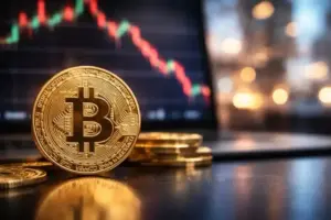 Fotorealistisches Symbolbild mit einem abstrahierten Bitcoin-Motiv vor dunklem, unscharfem Hintergrund und professioneller Tiefenschärfe.