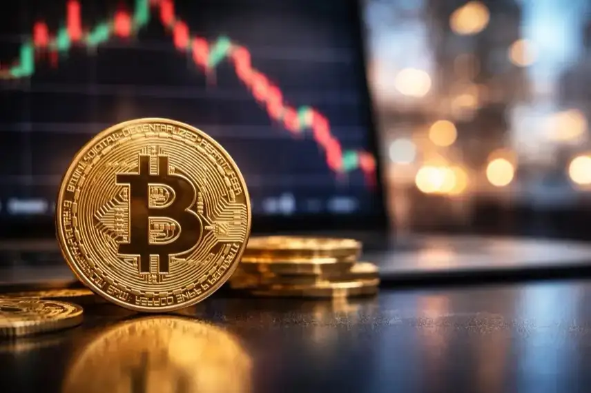 Fotorealistisches Symbolbild mit einem abstrahierten Bitcoin-Motiv vor dunklem, unscharfem Hintergrund und professioneller Tiefenschärfe.