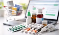 Verschiedene rezeptfreie Medikamente in Blisterpackungen und Fläschchen vor einem Laptop, im Hintergrund ein kleiner Einkaufswagen.