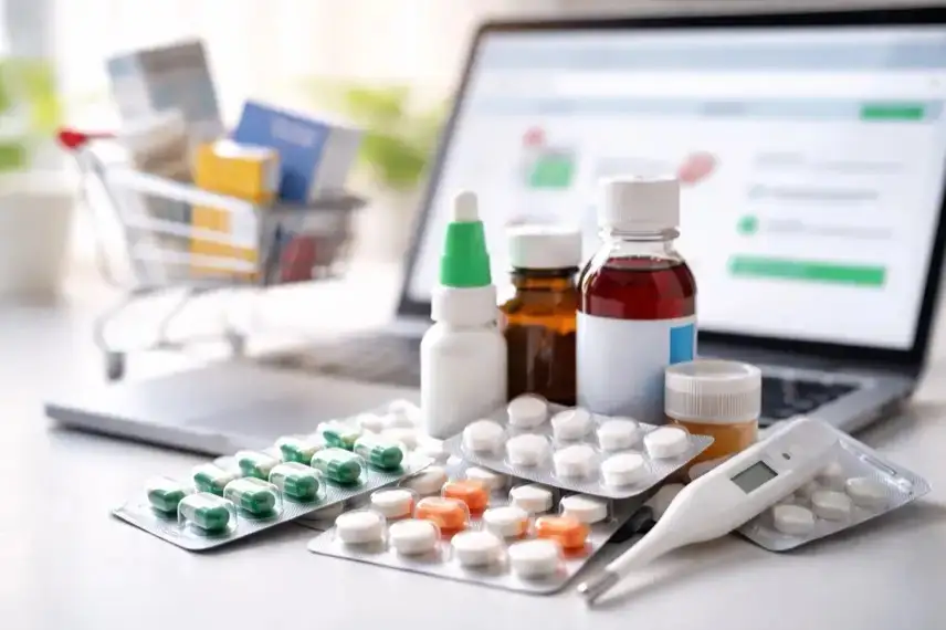 Verschiedene rezeptfreie Medikamente in Blisterpackungen und Fläschchen vor einem Laptop, im Hintergrund ein kleiner Einkaufswagen.