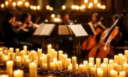 Klassischer Konzertsaal mit brennenden Kerzen und Streichinstrumenten im warmen Licht.