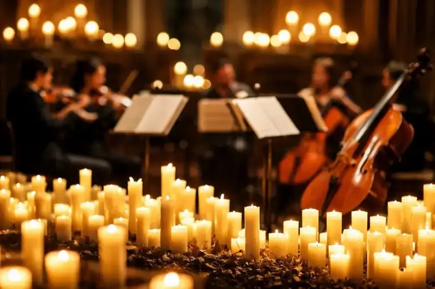 Klassischer Konzertsaal mit brennenden Kerzen und Streichinstrumenten im warmen Licht.