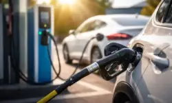 Zwei moderne Autos mit unterschiedlichen Antriebsarten stehen nebeneinander an einer leeren europäischen Straße bei Tageslicht.