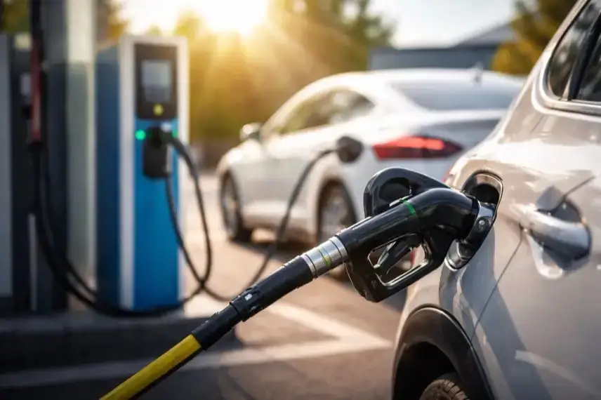 Zwei moderne Autos mit unterschiedlichen Antriebsarten stehen nebeneinander an einer leeren europäischen Straße bei Tageslicht.