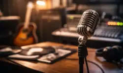 Leere Konzertbühne mit Mikrofonständer, gedämpftem Bühnenlicht und Nebel in einer großen Halle.