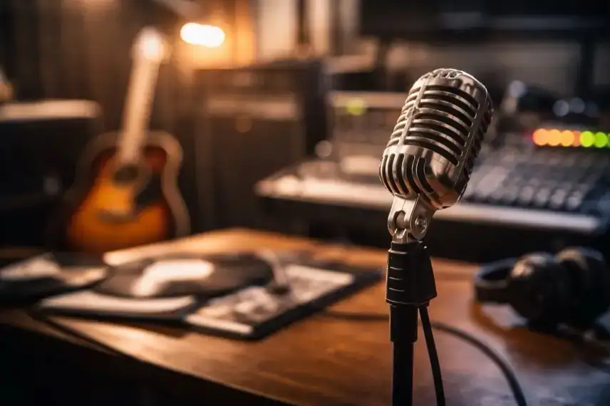 Leere Konzertbühne mit Mikrofonständer, gedämpftem Bühnenlicht und Nebel in einer großen Halle.