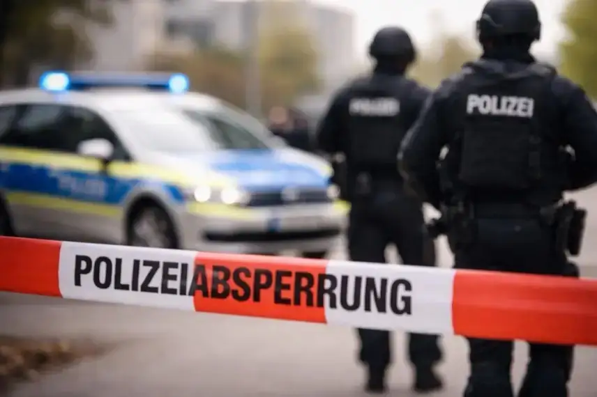 Polizeisperrband mit der Aufschrift „Polizeiabsperrung“, dahinter unscharf ein Polizeifahrzeug mit Blaulicht und zwei Einsatzkräfte.
