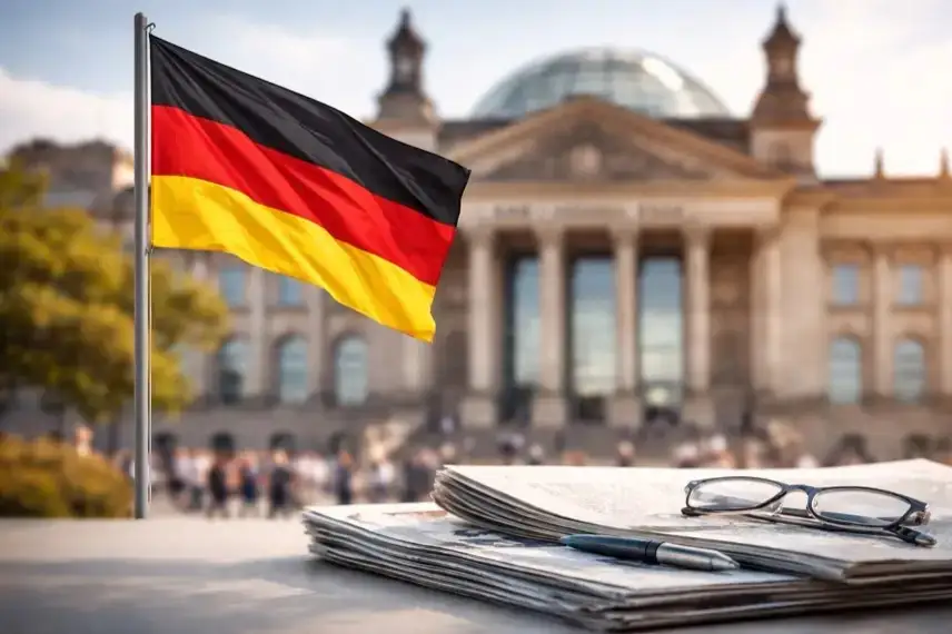 Leerer moderner Parlamentsplenarssaal mit Sitzreihen und Rednerpult, hell ausgeleuchtet, ohne Menschen.