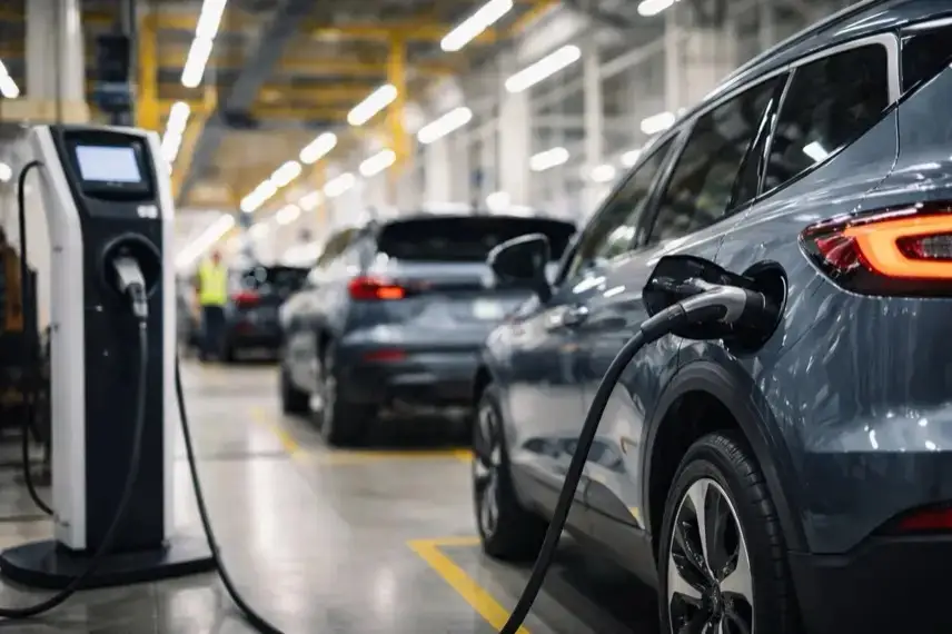 Mehrere neutrale Elektrofahrzeuge auf einem Parkplatz mit Ladesäulen in einem modernen Industrieumfeld bei natürlichem Licht.
