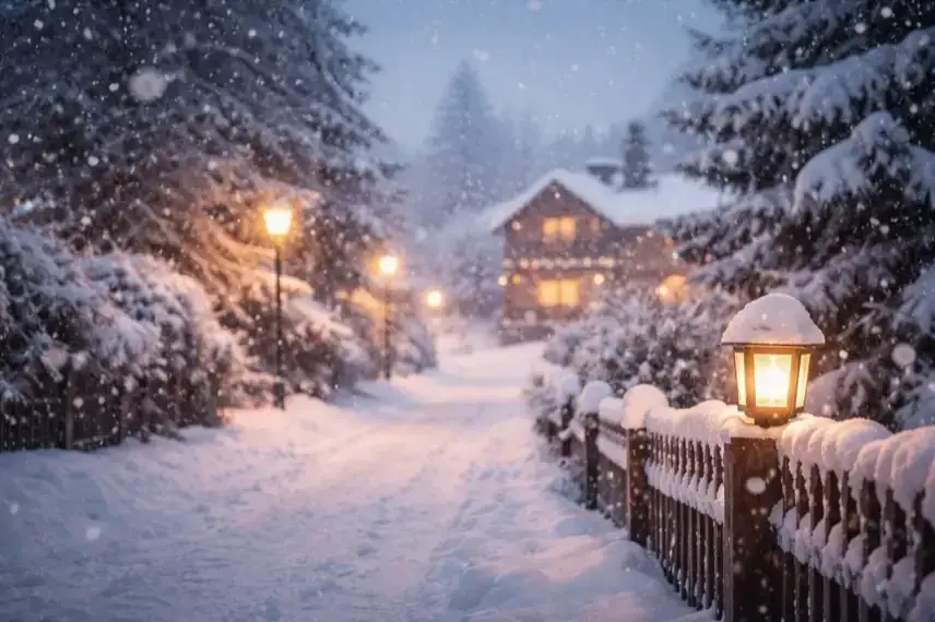 Vereiste Landschaft mit Raureif auf Bäumen und Wiesen bei tief stehender Wintersonne.