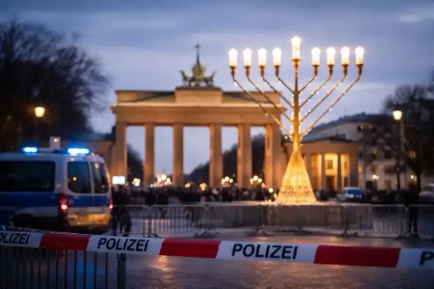 Nächtliche Ansicht des Brandenburger Tors im Winter mit Absperrgittern und einem Chanukka-Leuchter im Vordergrund.