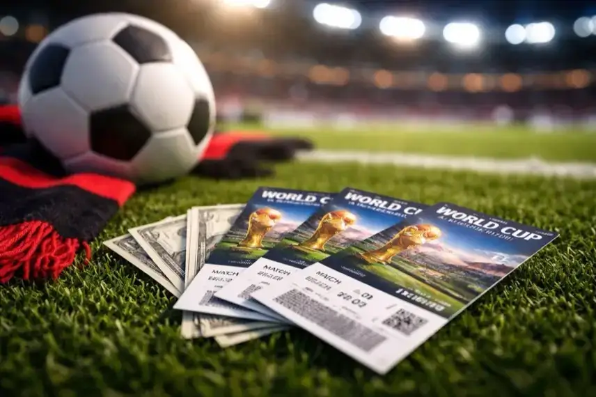 Fußball liegt auf einem Rasen neben mehreren Eintrittskarten und Geldscheinen, im Hintergrund ein unscharfes Stadion.