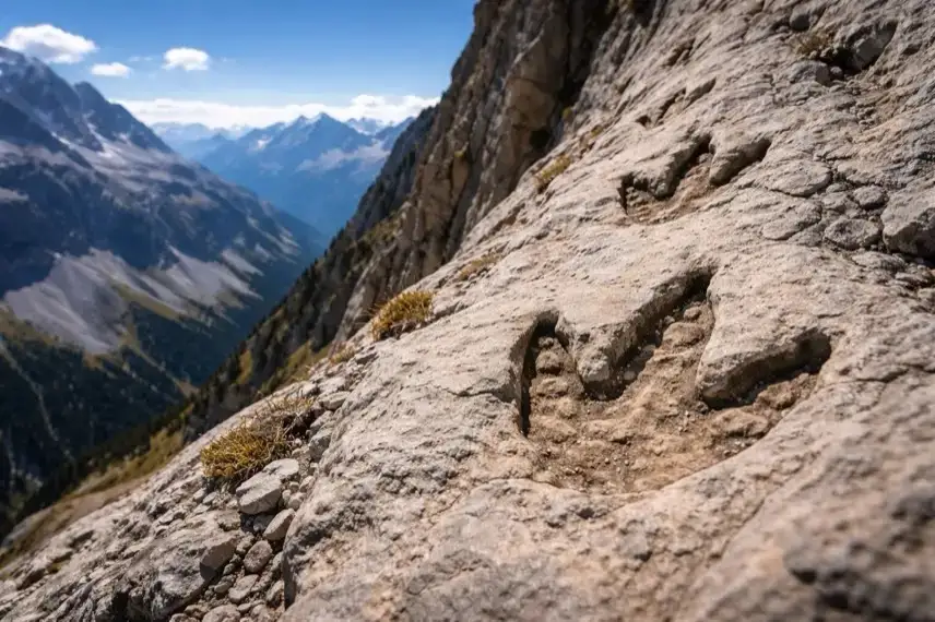 Steile alpine Felswand aus hellem Gestein mit sichtbaren fossilen Dinosaurier-Fußabdrücken.