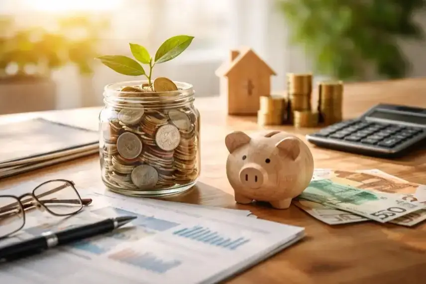 Aufgeräumter Schreibtisch mit Sparschwein, Taschenrechner, Notizbuch und Münzen vor einem Fenster mit unscharfer Stadtansicht im Hintergrund.