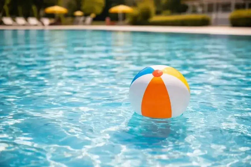 Ruhige Rheinlandschaft mit Wiese und angedeuteter Badeanlage im Hintergrund bei natürlichem Tageslicht.