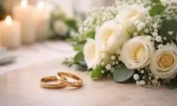 Zwei goldene Eheringe liegen auf einer hellen Oberfläche neben weißen Rosen und Kerzen im Hintergrund.
