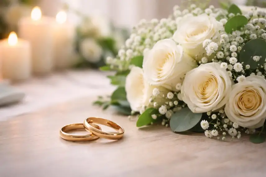 Zwei goldene Eheringe liegen auf einer hellen Oberfläche neben weißen Rosen und Kerzen im Hintergrund.